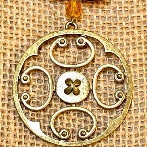 🎺Brass Tone Round Pendant with Faceted/Smooth Glass & Round Beaded Necklace